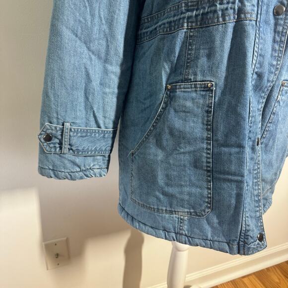North Style Jacket Women M Blue Denim Quilted Hood Chore Jacket Sherpa Pocket - Picture 8 of 14